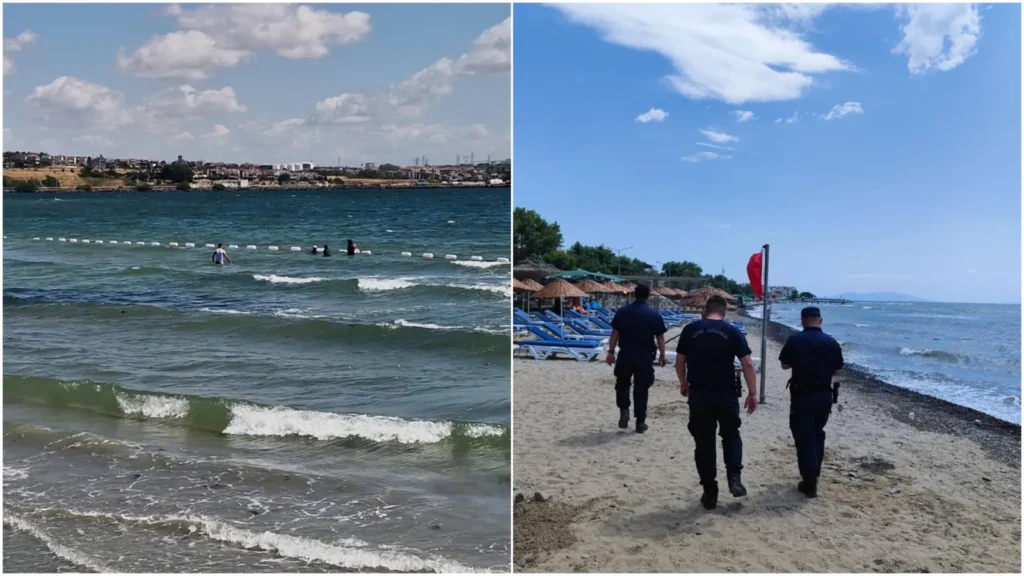 Tekirdağ sahilinde kırmızı bayrak çekilmiş plaj ve uyarı yapan Sahil Güvenlik ekipleri görüntülendi.