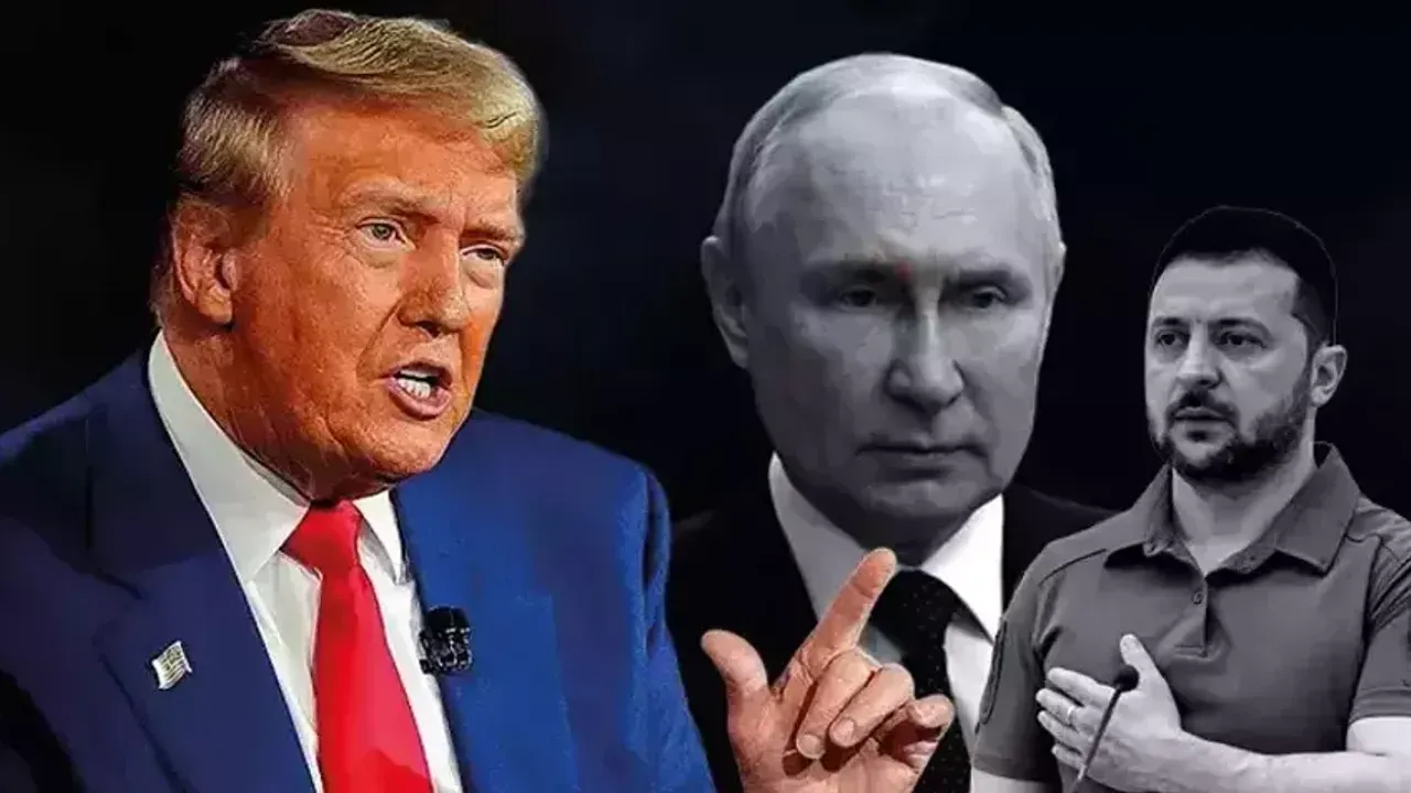 Putin, Trump ve Zelenskiy’nin bir araya gelmiş gibi gösteren uluslararası diplomasi temalı bir fotoğraf