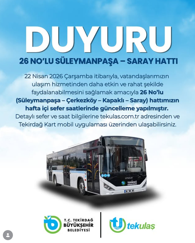 Tekirdağ haberleri - Tekirdağ’da 26 No’lu hat saatleri değişti: Yeni seferler başladı