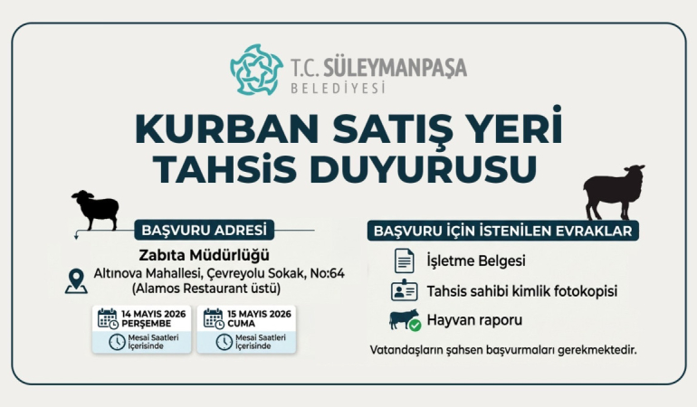 Süleymanpaşa’da kurban satış yeri başvuruları başlıyor 16 bc96b834-dbd0-47b1-a4ef-e8fef05e76c4
