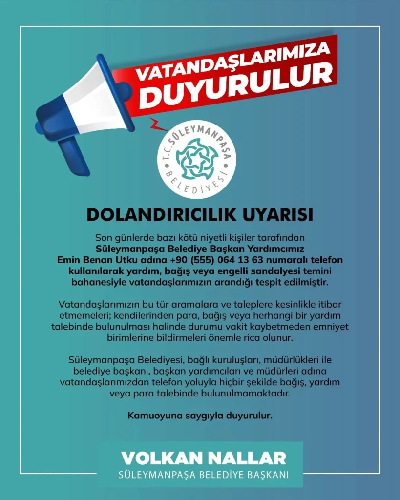 Süleymanpaşa haberleri - Süleymanpaşa Belediyesi'nden dolandırıcılık uyarısı: Bu numaraya dikkat!
