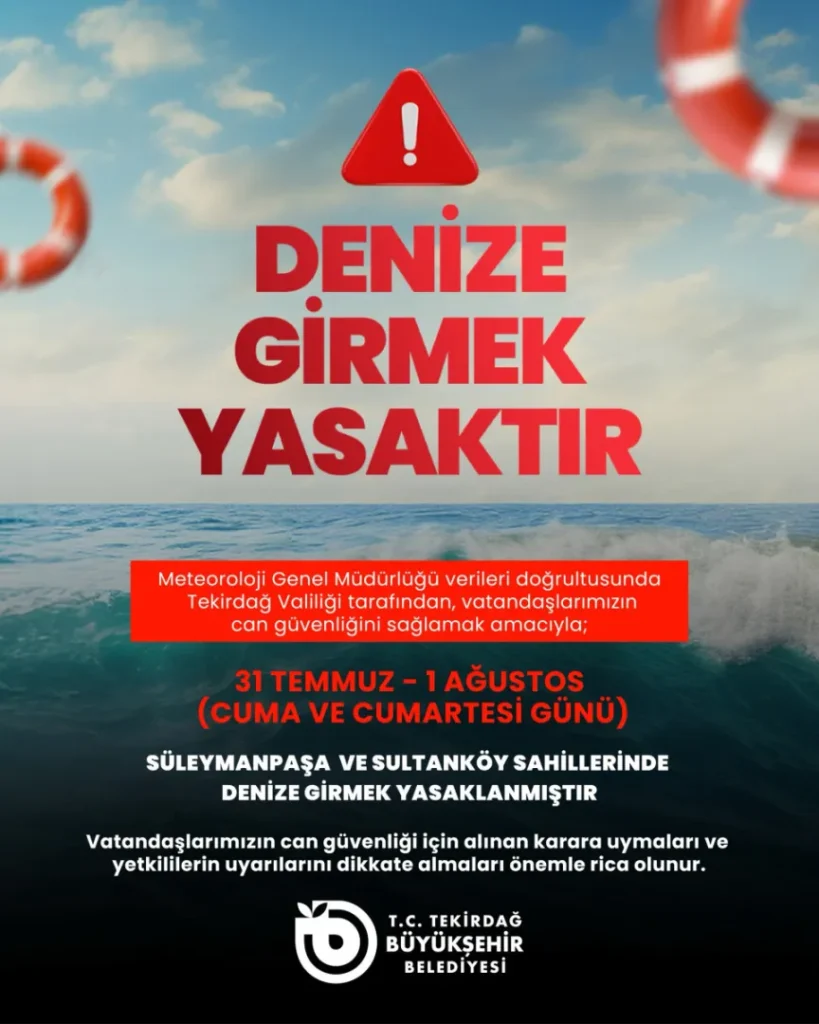 Tekirdağ'da denize girmek 2 gün yasaklandı! 4 Tekirdağ haberleri - Tekirdağ'da olumsuz hava koşulları nedeniyle Süleymanpaşa ve Sultanköy sahillerinde denize girme yasağı uygulanıyor.